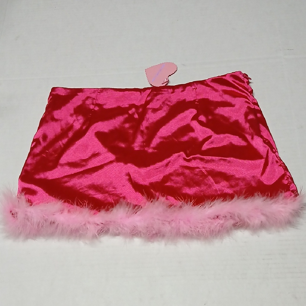 Dolls Kill Sugar Thrillz Can't Lose You Pink Satin Mini Skirt Marabou Trim Sz L